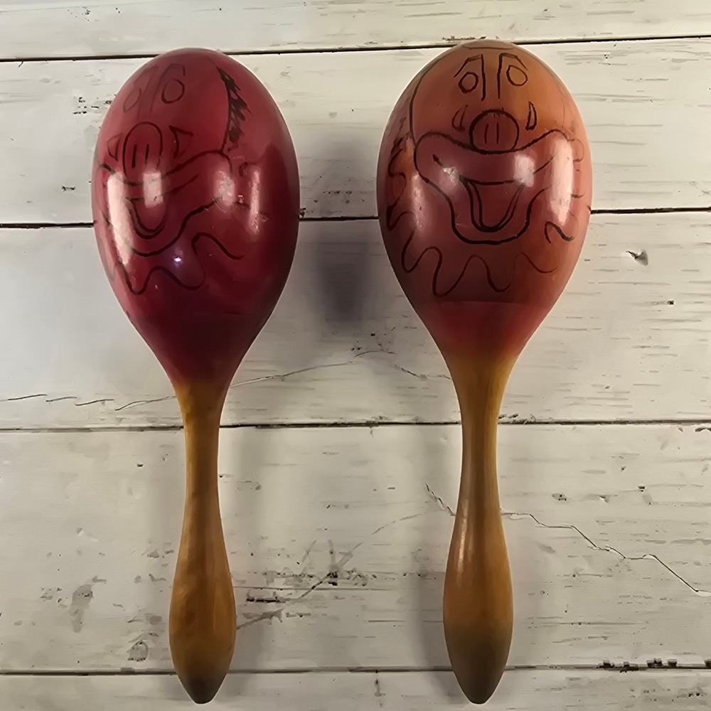 Vintage Hand Painted Wooden Maracas Pair Clown Face Folk Art Percussion Shakers